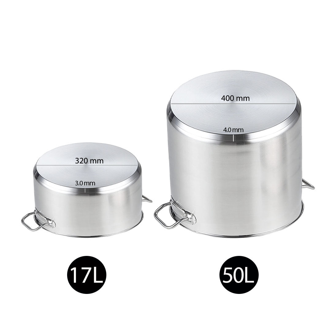 SOGA 17L Wide Stock Pot  and 50L Tall Top Grade Thick Stainless Steel Stockpot 18/10 - Cafe Supply