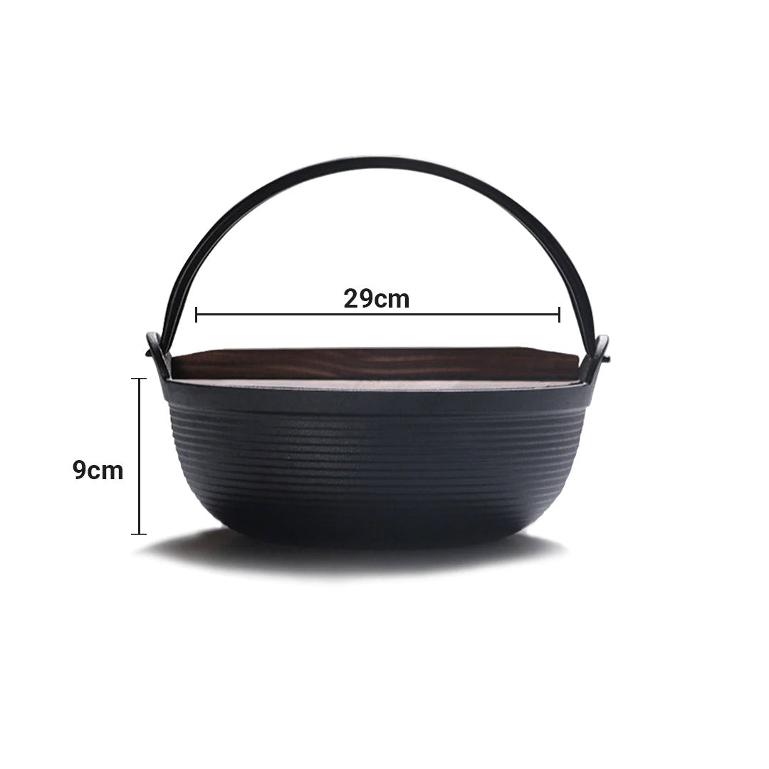 SOGA 2X 29cm Cast Iron Japanese Style Sukiyaki Tetsu Nabe Shabu Hot Pot with Wooden Lid - Cafe Supply