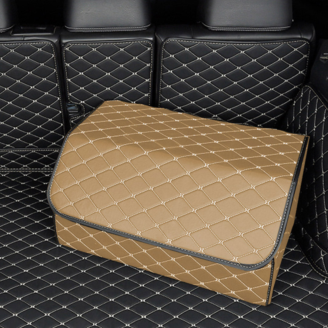 SOGA 2X Leather Car Boot Collapsible Foldable Trunk Cargo Organizer Portable Storage Box Beige/Gold Stitch Large - Cafe Supply