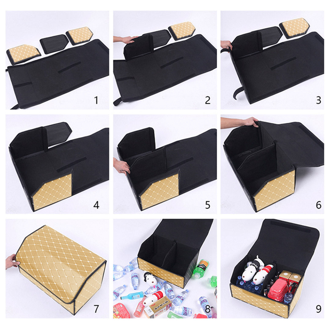 SOGA 2X Leather Car Boot Collapsible Foldable Trunk Cargo Organizer Portable Storage Box Beige/Gold Stitch Small - Cafe Supply