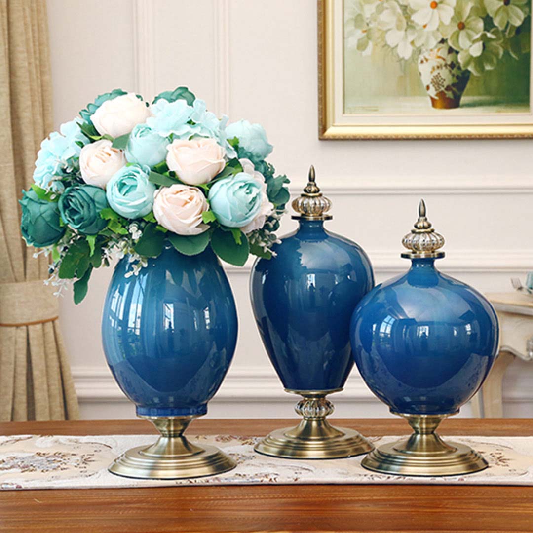 SOGA 2X 42cm Ceramic Oval Flower Vase with Gold Metal Base Dark Blue - Cafe Supply