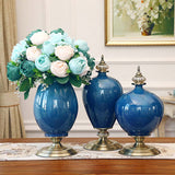 SOGA 2X 42cm Ceramic Oval Flower Vase with Gold Metal Base Dark Blue - Cafe Supply