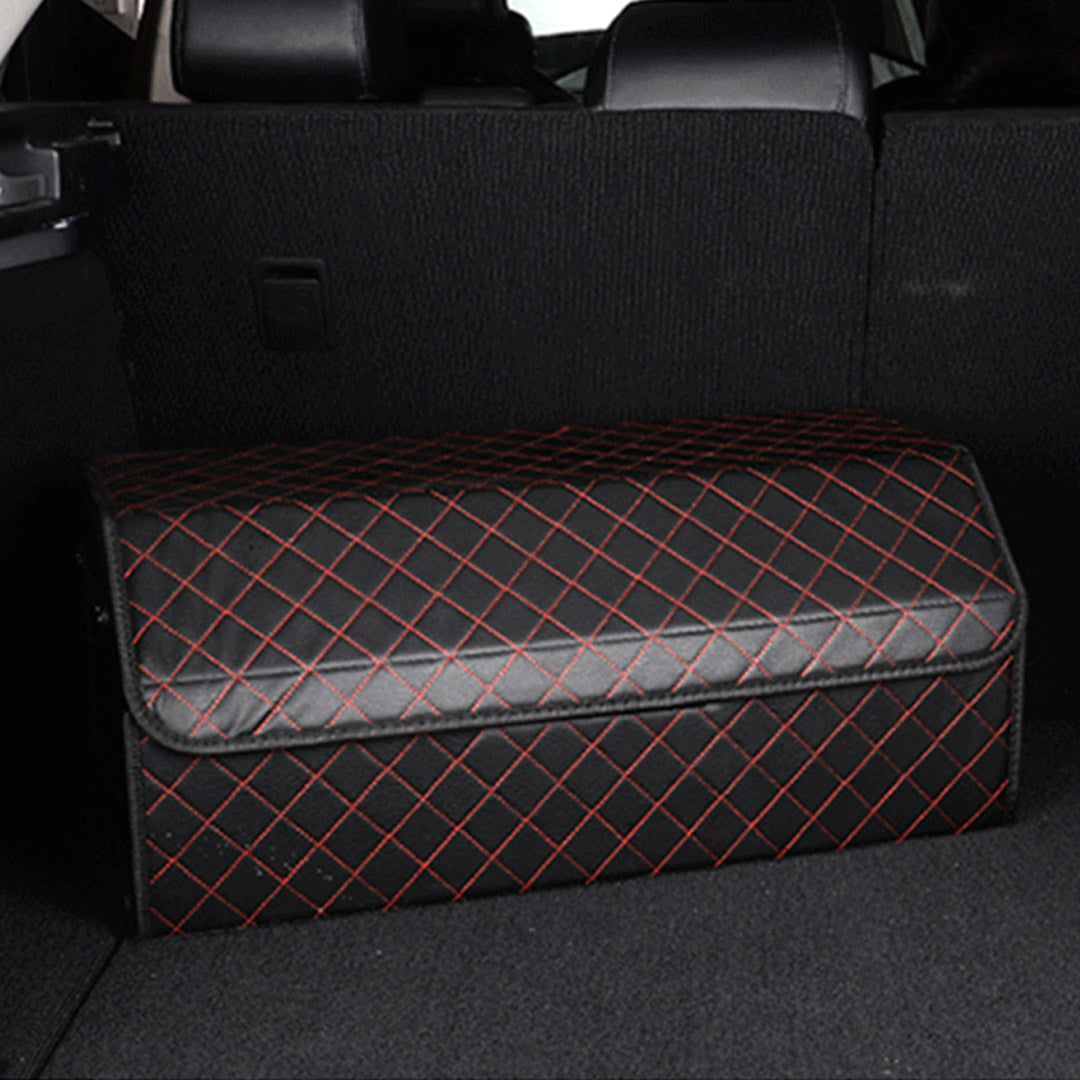 SOGA 2X Leather Car Boot Collapsible Foldable Trunk Cargo Organizer Portable Storage Box Black/Red Stitch Large - Cafe Supply