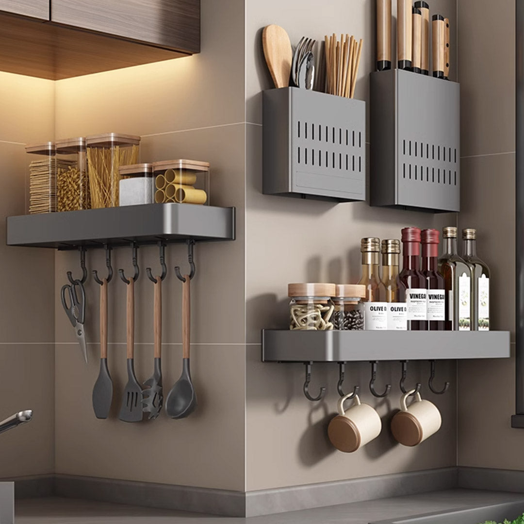 SOGA 2X 32cm Black Wall-Mounted Rectangular Kitchen Spice Storage Organiser Space Saving Condiments Shelf Rack with Hooks - Cafe Supply