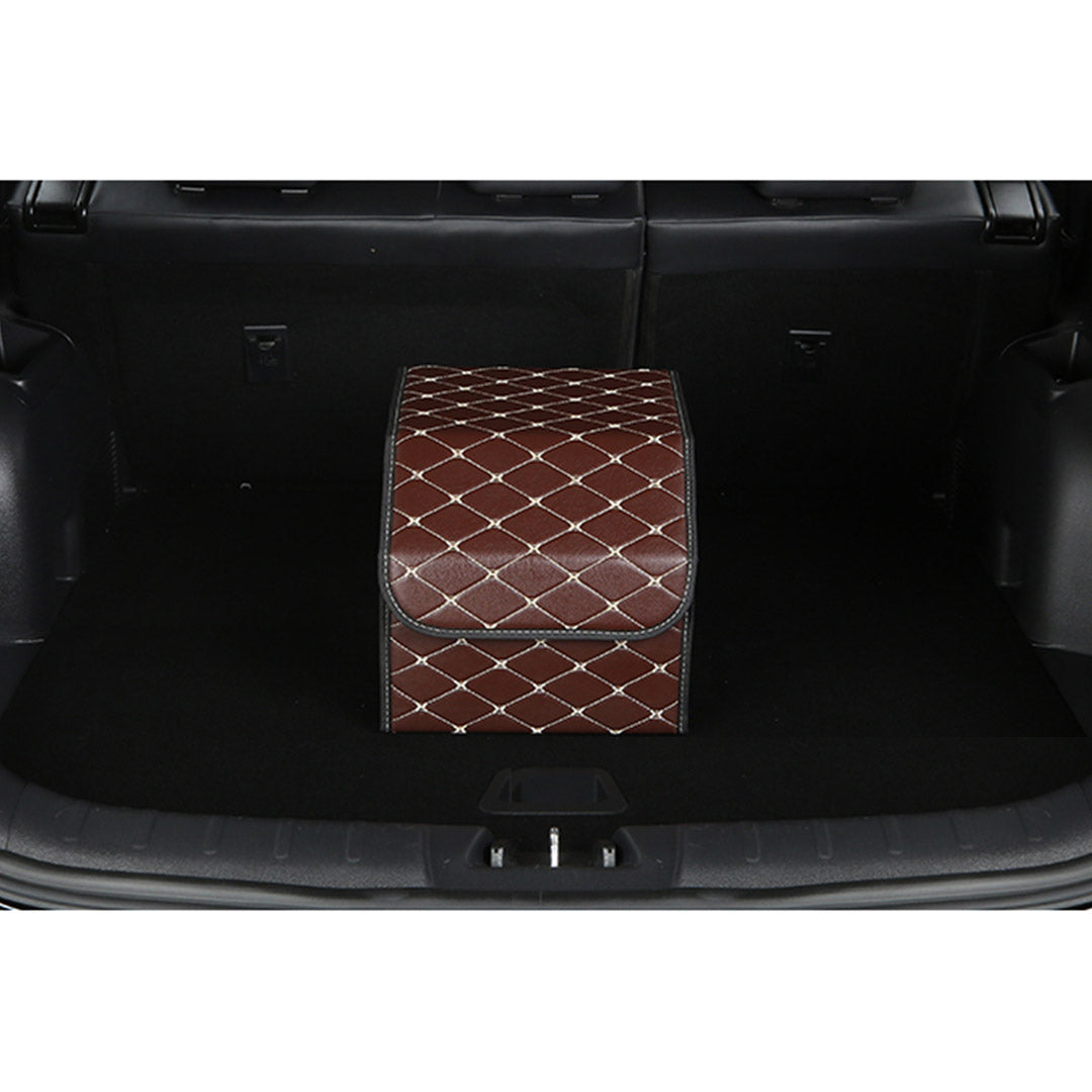 SOGA 2X Leather Car Boot Collapsible Foldable Trunk Cargo Organizer Portable Storage Box Coffee/Gold Stitch Small - Cafe Supply