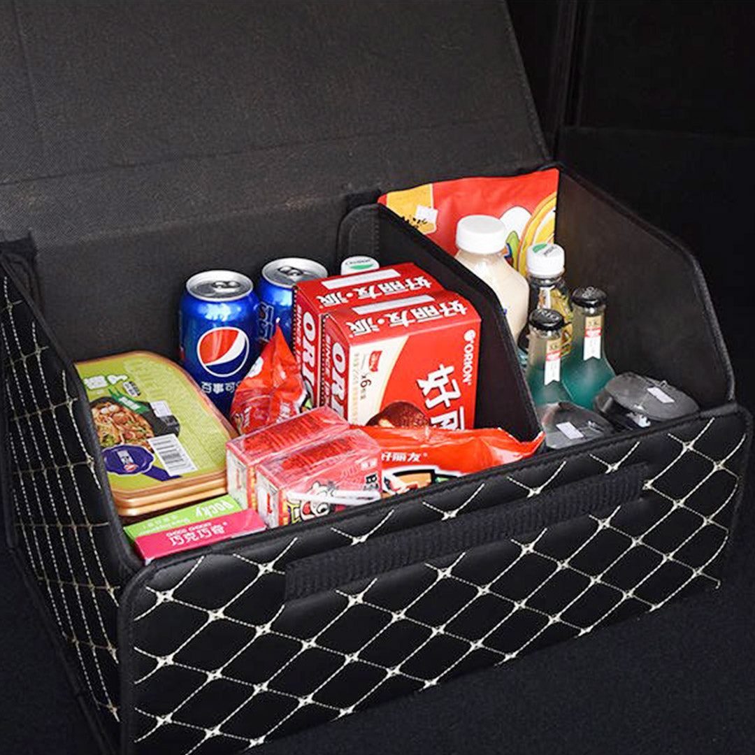 SOGA 2X Leather Car Boot Collapsible Foldable Trunk Cargo Organizer Portable Storage Box Black/Gold Stitch Small - Cafe Supply