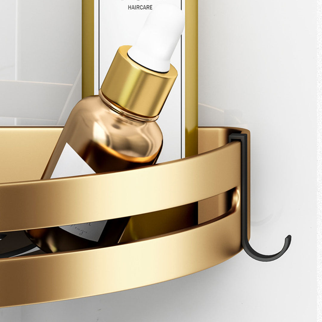 SOGA 2X Gold Wall-Mounted Triangular Bathroom Storage Corner Vanity Organiser Space Saving Adhesive Shelf Rack with Hooks - Cafe Supply