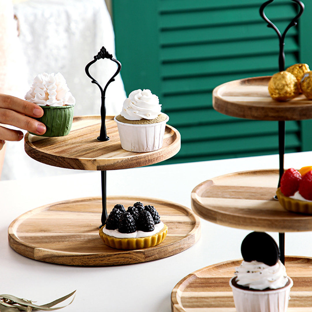 SOGA 2X 20cm 2 Tier Brown  Round Wooden Acacia  Dessert Tray Cake Snacks Cupcake Stand Buffet Serving Countertop Decor - Cafe Supply