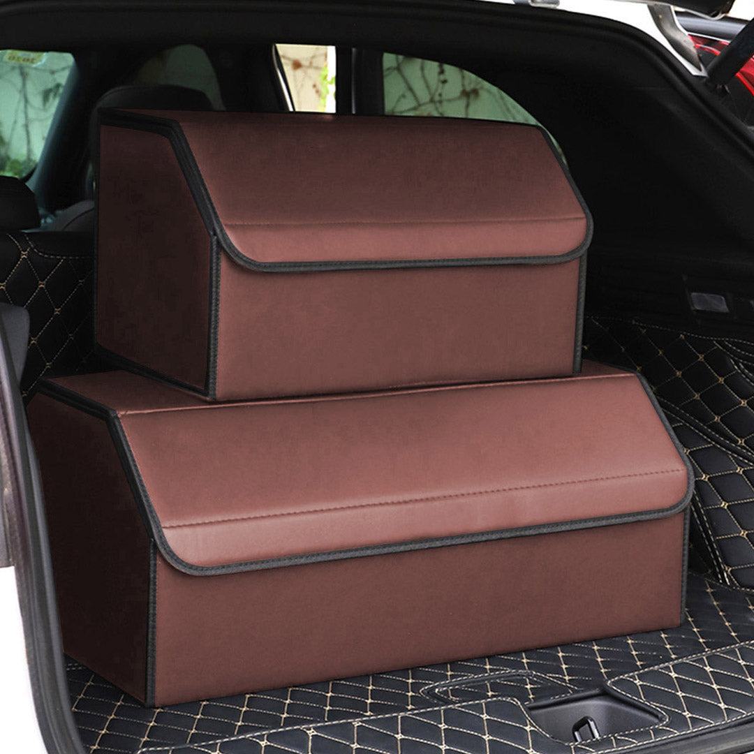 SOGA 2X Leather Car Boot Collapsible Foldable Trunk Cargo Organizer Portable Storage Box Coffee Medium - Cafe Supply