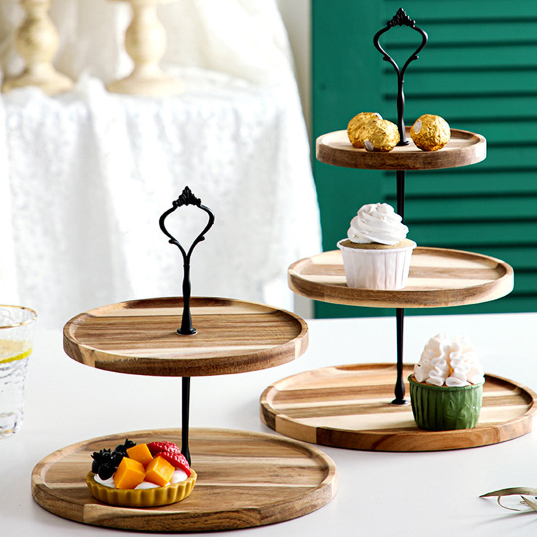 SOGA 2X 20cm 2 Tier Brown  Round Wooden Acacia  Dessert Tray Cake Snacks Cupcake Stand Buffet Serving Countertop Decor - Cafe Supply