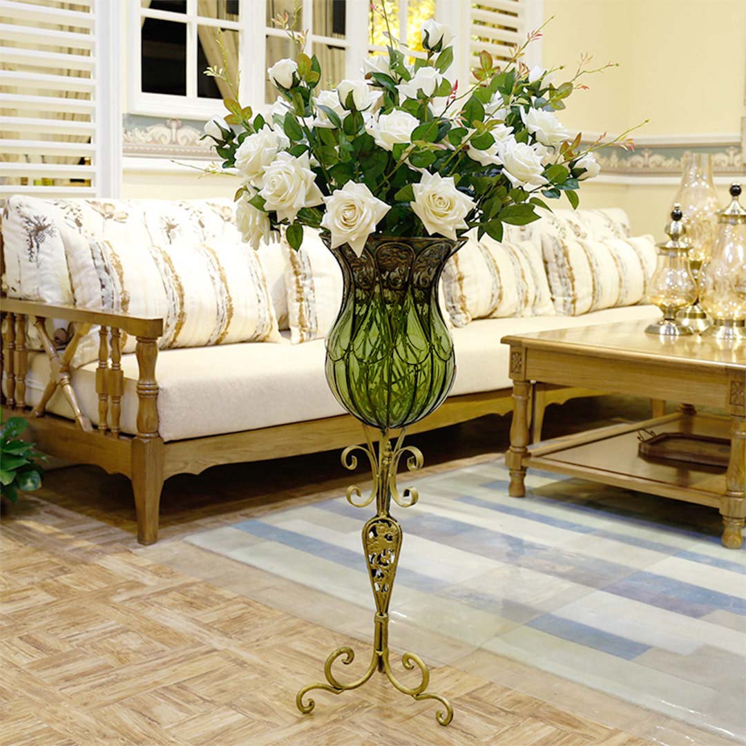 SOGA 85cm Green Glass Floor Vase with Tall Metal Flower Stand - Cafe Supply