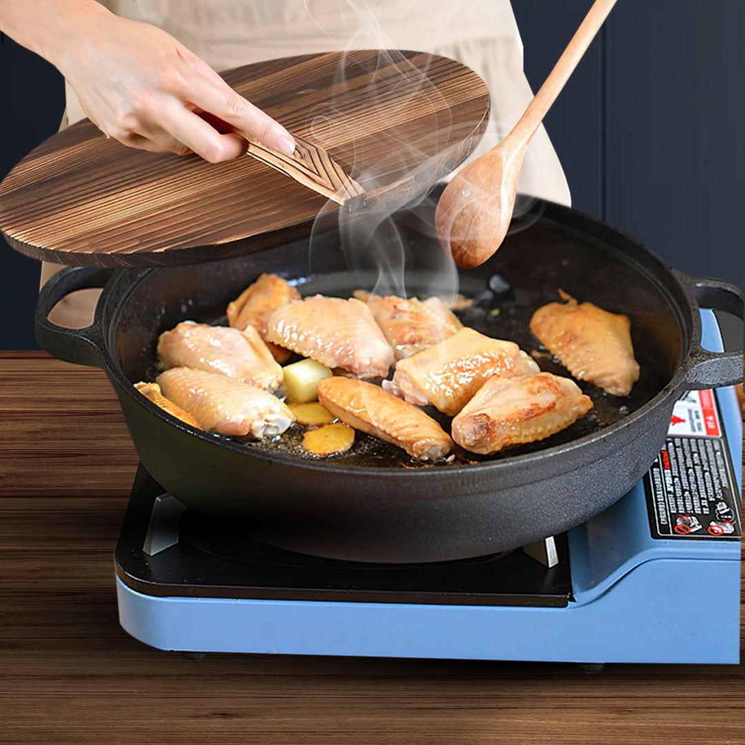 SOGA 31cm Round Cast Iron Pre-seasoned Deep Baking Pizza Frying Pan Skillet with Wooden Lid - Cafe Supply