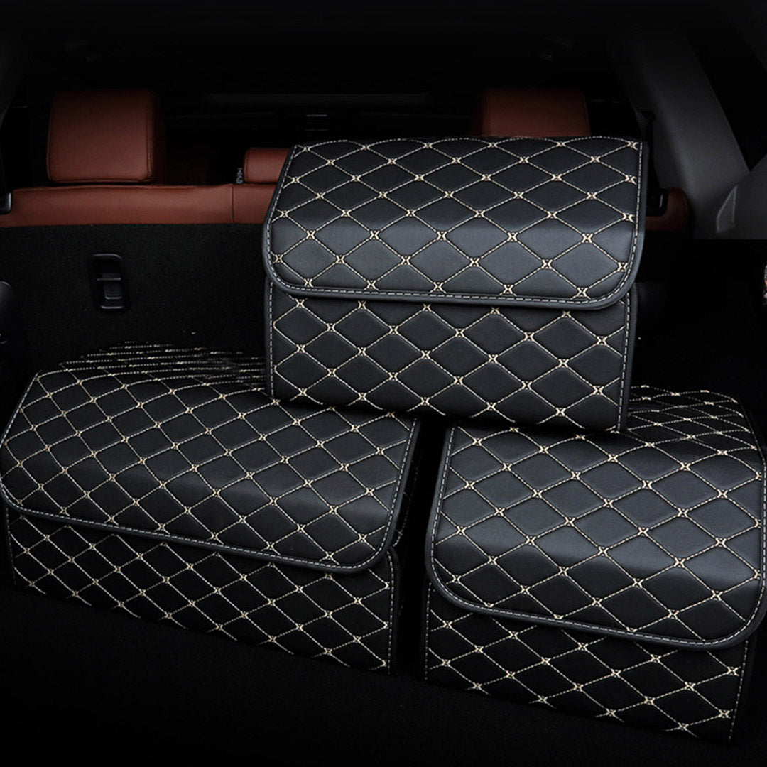 SOGA 4X Leather Car Boot Collapsible Foldable Trunk Cargo Organizer Portable Storage Box Black/Gold Stitch Large - Cafe Supply