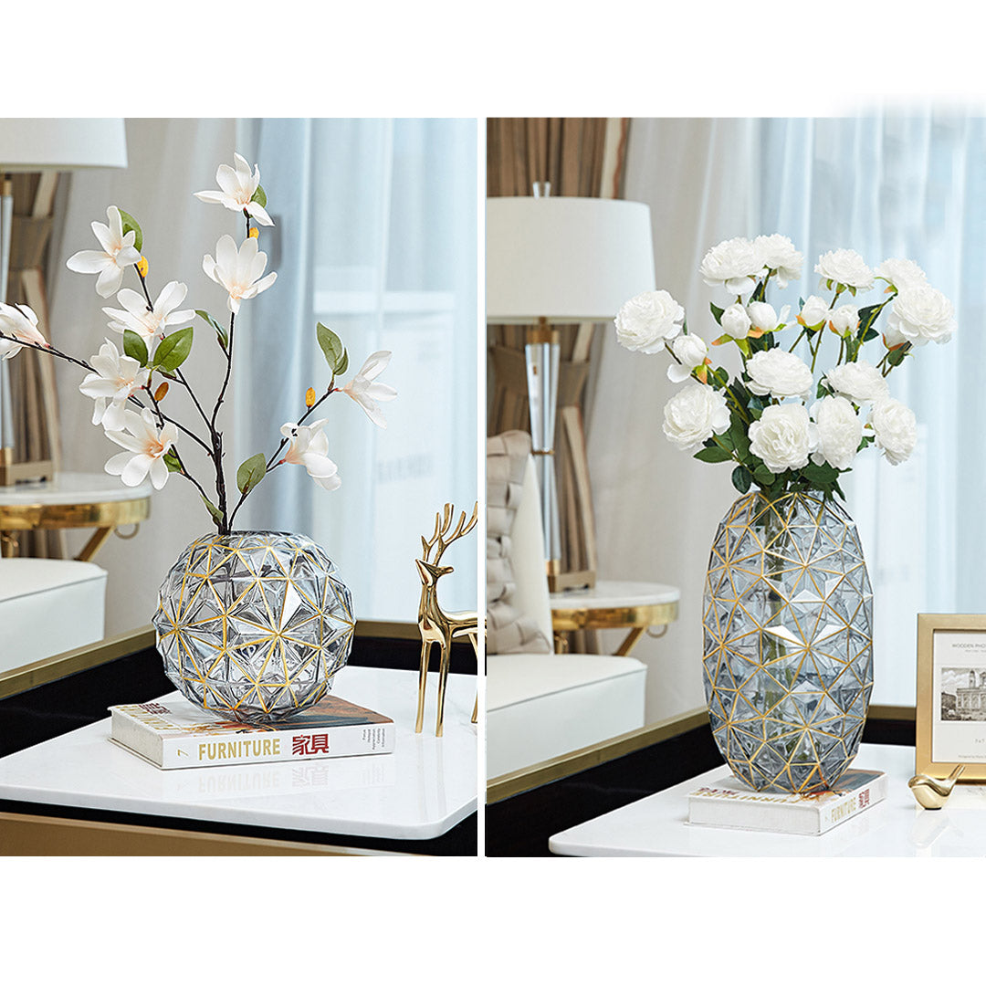 SOGA 2X Grey Colored Diamond Cut Glass Flower Vase Round Jar Home Decor with Gold Accent Large and Medium Set - Cafe Supply