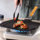 SOGA 2X Rectangular Cast Iron Griddle Grill Frying Pan with Folding Wooden Handle - Cafe Supply