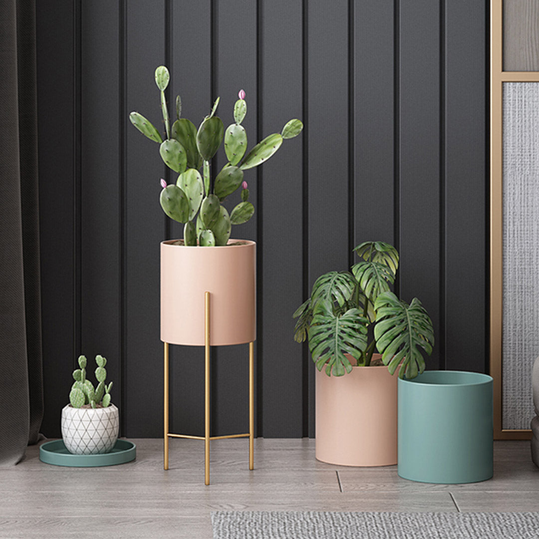 SOGA 2X 2 Layer 42cm Gold Metal Plant Stand with Pink Flower Pot Holder Corner Shelving Rack Indoor Display - Cafe Supply