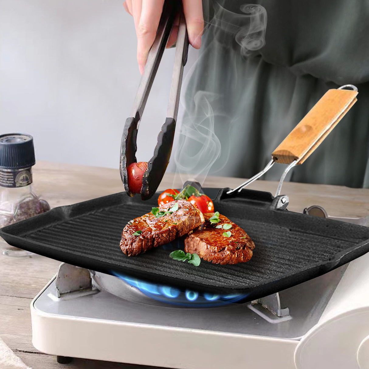 SOGA 2X 20.5cm Rectangular Cast Iron Griddle Grill Frying Pan with Folding Wooden Handle - Cafe Supply