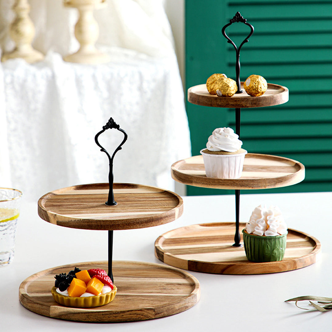 SOGA 2X 15cm 2 Tier  Brown Round Wooden Acacia Dessert Tray Cake Snacks Cupcake Stand Buffet Serving Countertop Decor - Cafe Supply