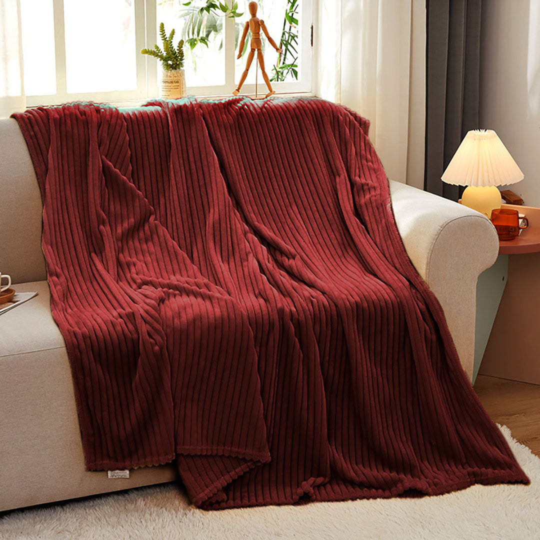 SOGA Burgundy Throw Blanket Warm Cozy Striped Pattern Thin Flannel Coverlet Fleece Bed Sofa Comforter - Cafe Supply