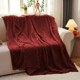 SOGA Burgundy Throw Blanket Warm Cozy Striped Pattern Thin Flannel Coverlet Fleece Bed Sofa Comforter - Cafe Supply