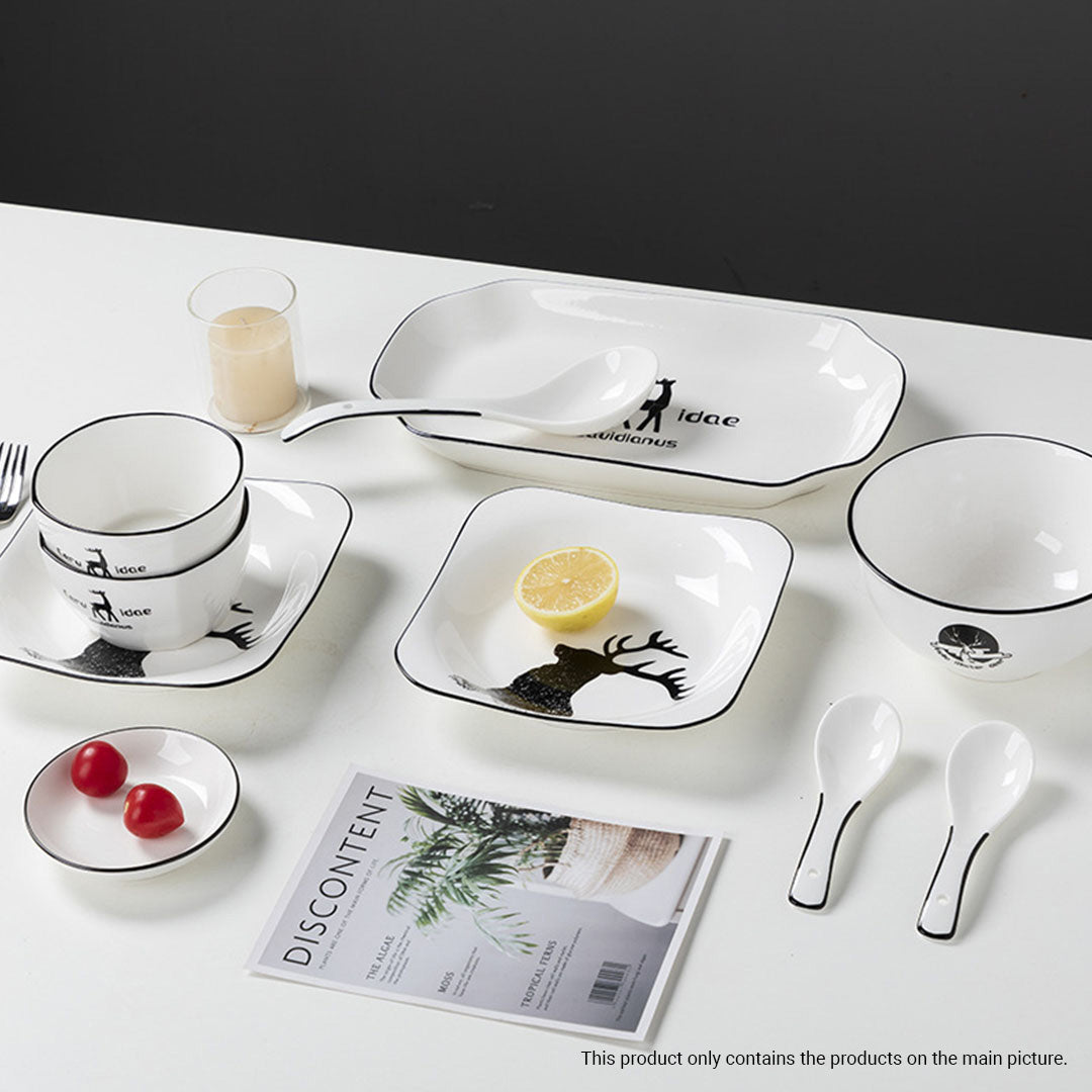 SOGA White Antler Printed Ceramic Dinnerware Set Crockery Soup Bowl Plate Server Kitchen Home Decor Set of 13 - Cafe Supply
