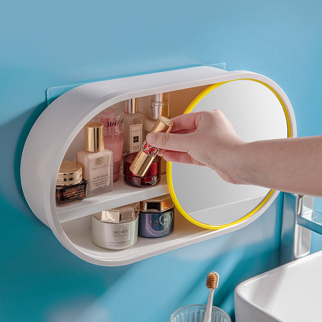 SOGA 39cm Oval Wall-Mounted Mirror Storage Box Vanity Mirror Rack Bathroom Adhesive Shelf Home Organiser Decor - Cafe Supply