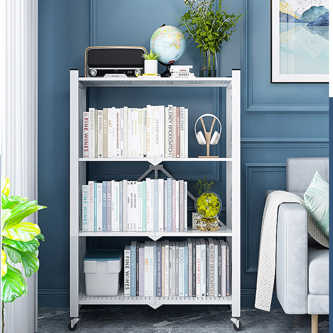 SOGA 2X 4 Tier Steel White Foldable Display Stand Multi-Functional Shelves Portable Storage Organizer with Wheels - Cafe Supply