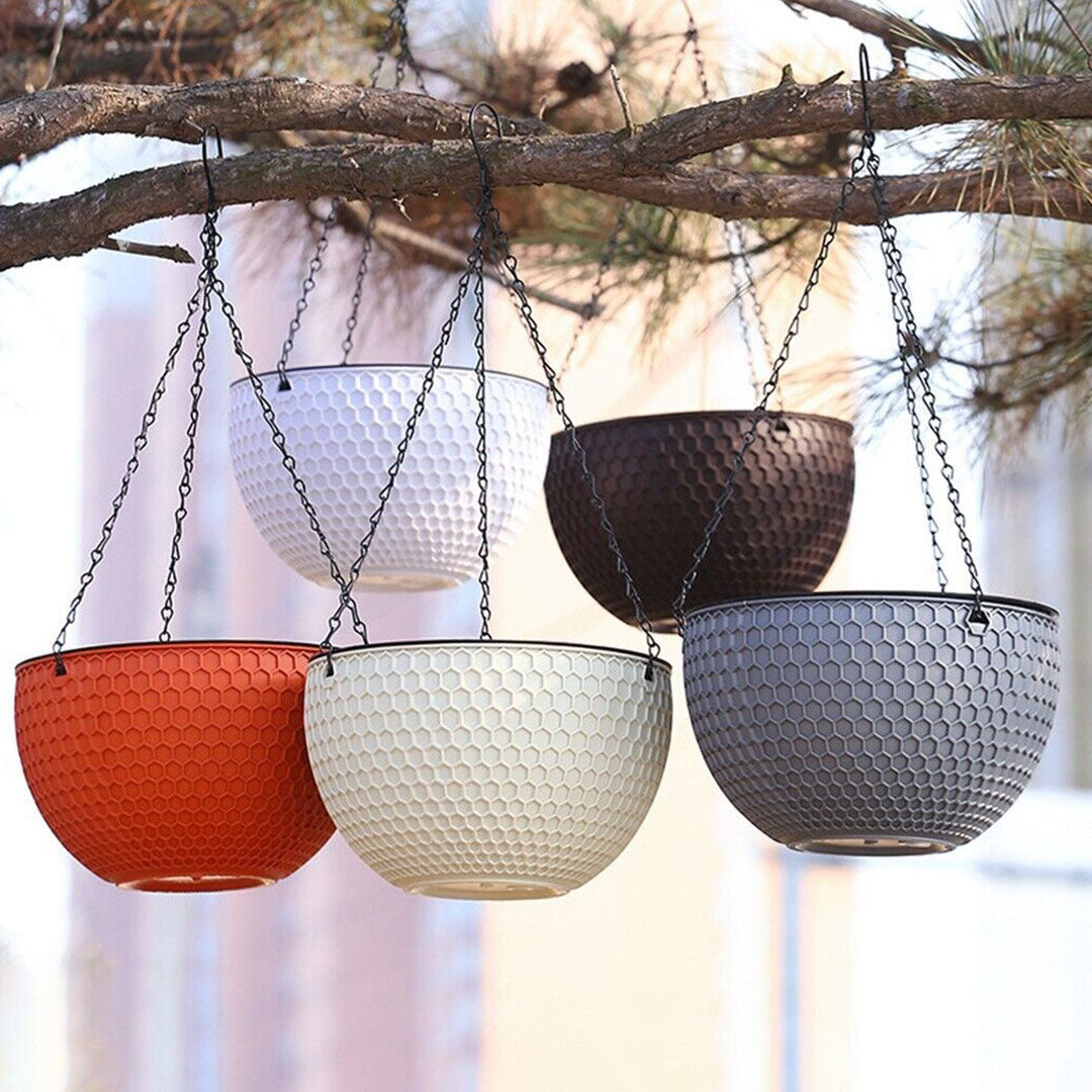 SOGA White Small Hanging Resin Flower Pot Self Watering Basket Planter Outdoor Garden Decor - Cafe Supply