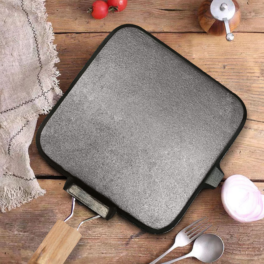 SOGA 2X 24cm Ribbed Cast Iron Square Steak Frying Grill Skillet Pan with Folding Wooden Handle - Cafe Supply