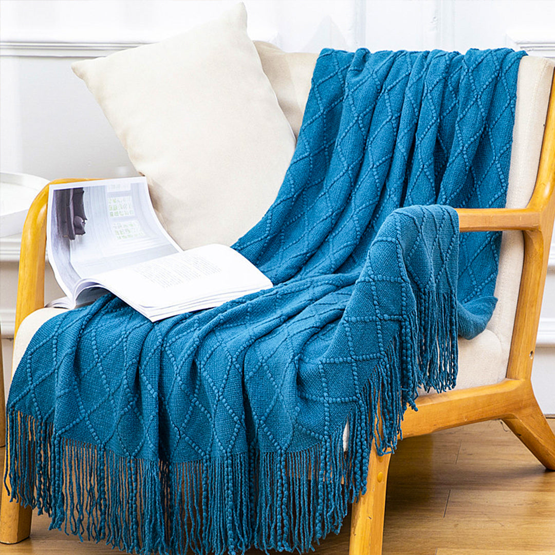 SOGA 2X Blue Diamond Pattern Knitted Throw Blanket Warm Cozy Woven Cover Couch Bed Sofa Home Decor with Tassels - Cafe Supply