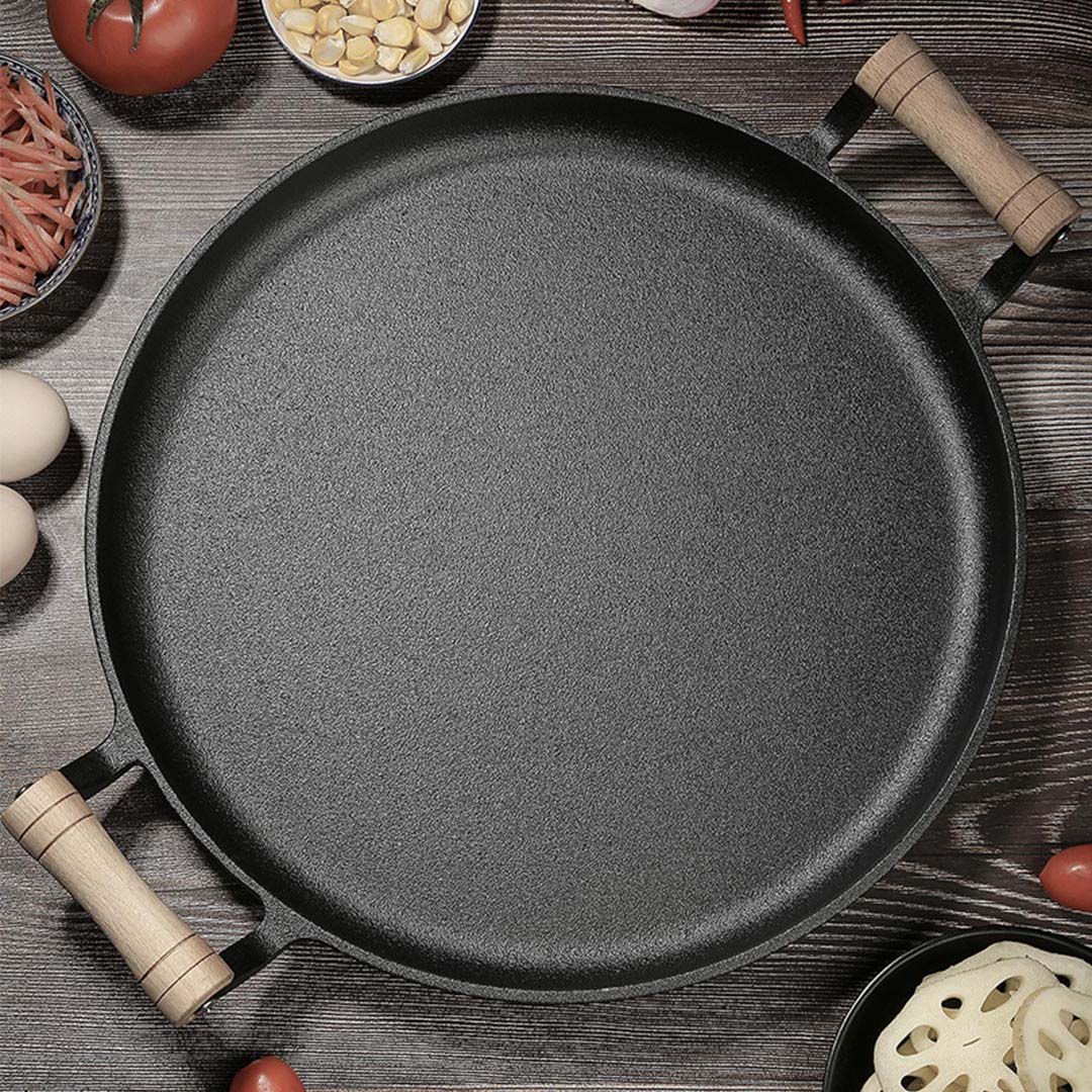 SOGA 2X 35cm Cast Iron Frying Pan Skillet Steak Sizzle Fry Platter With Wooden Handle No Lid - Cafe Supply