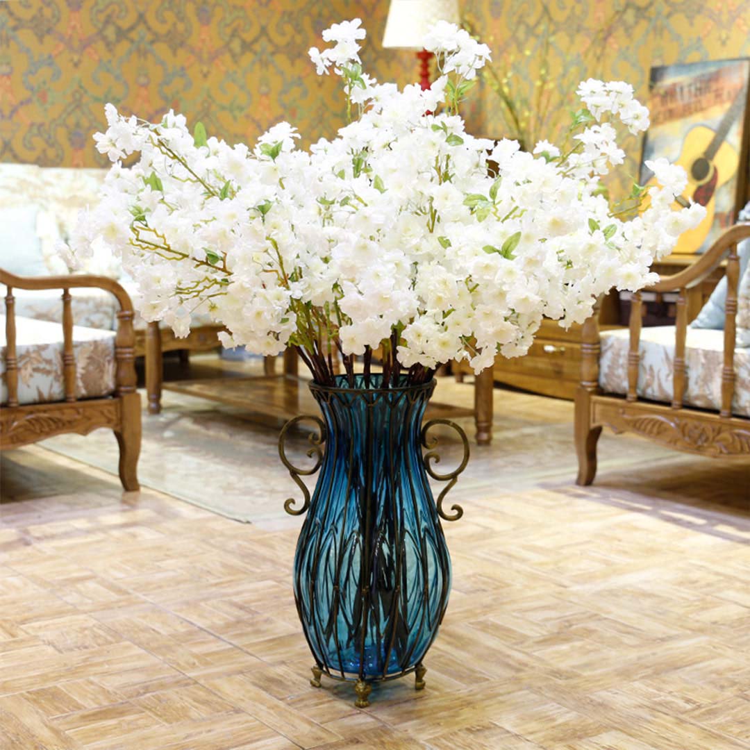 SOGA 51cm Blue Glass Oval Floor Vase with Metal Flower Stand - Cafe Supply