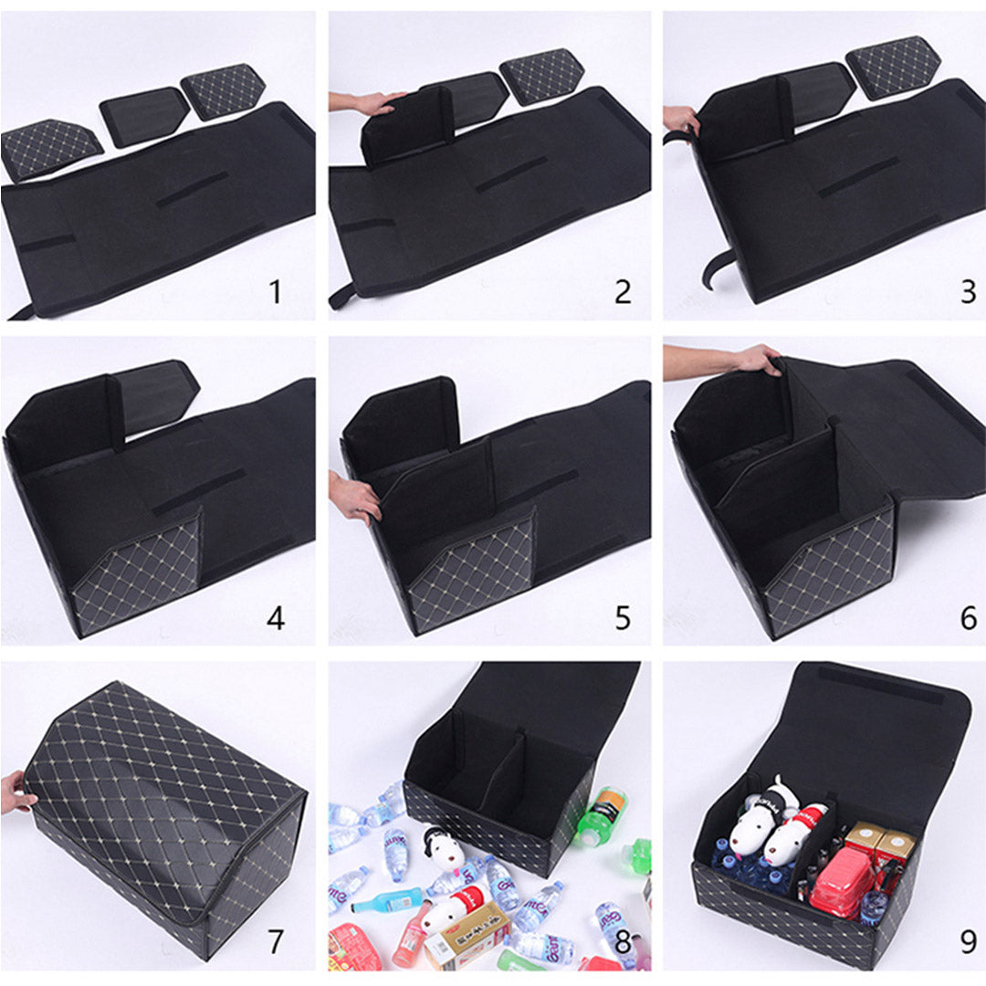 SOGA 2X Leather Car Boot Collapsible Foldable Trunk Cargo Organizer Portable Storage Box Black/Gold Stitch Small - Cafe Supply