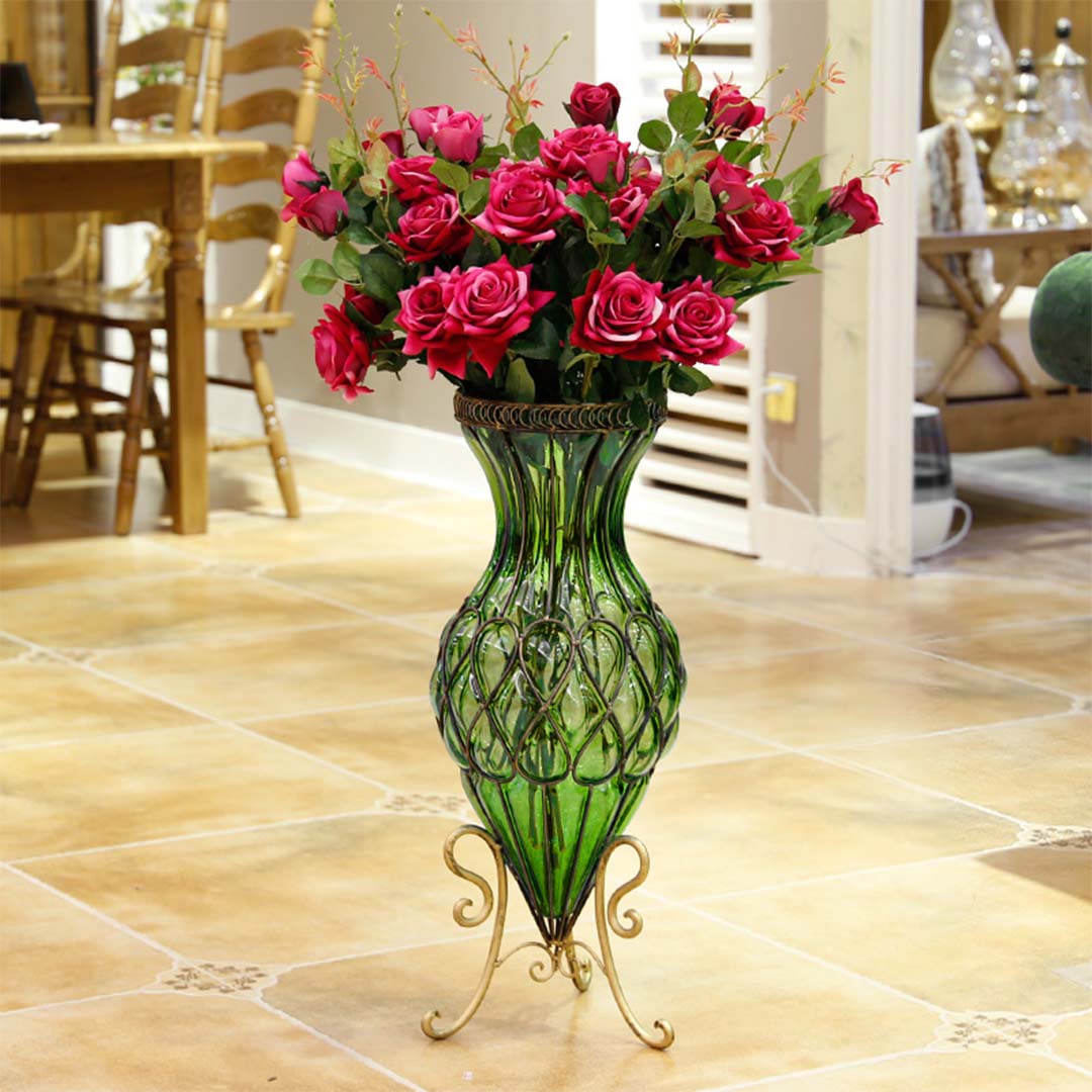 SOGA 67cm Green Glass Tall Floor Vase with Metal Flower Stand - Cafe Supply