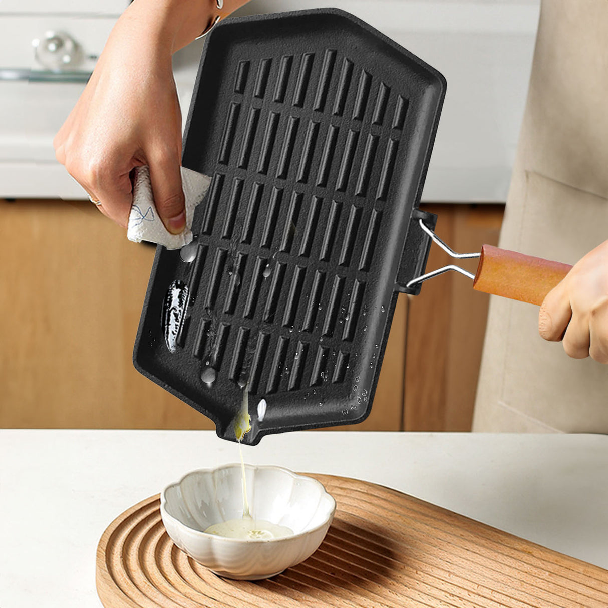 SOGA 2X Rectangular Cast Iron Griddle Grill Frying Pan with Folding Wooden Handle - Cafe Supply