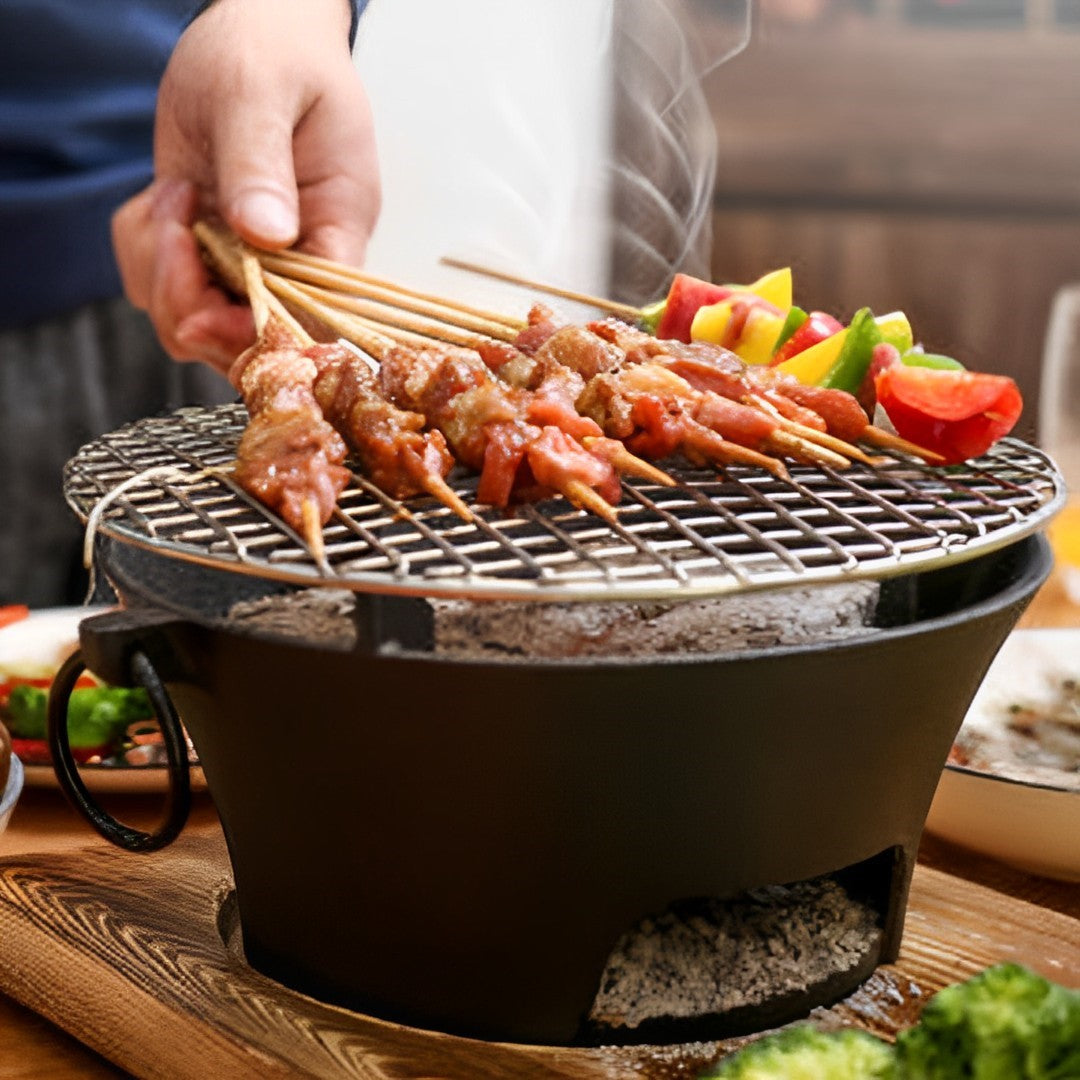 SOGA 2X Small Cast Iron Round Stove Charcoal Table Net Grill Japanese Style BBQ Picnic Camping with Wooden Board - Cafe Supply