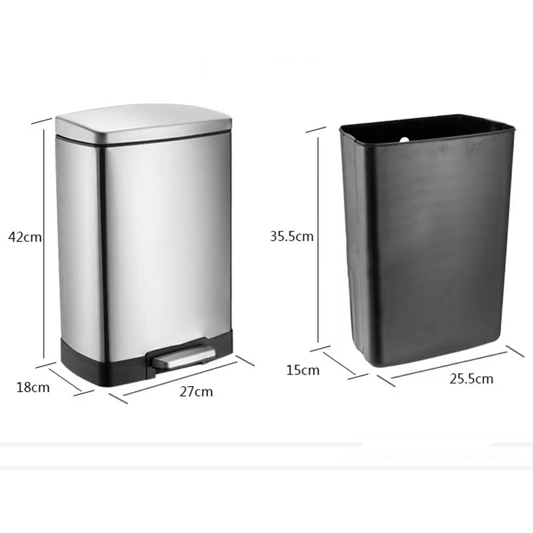 SOGA Foot Pedal Stainless Steel Rubbish Recycling Garbage Waste Trash Bin Rectangular Shape 12L Silver - Cafe Supply