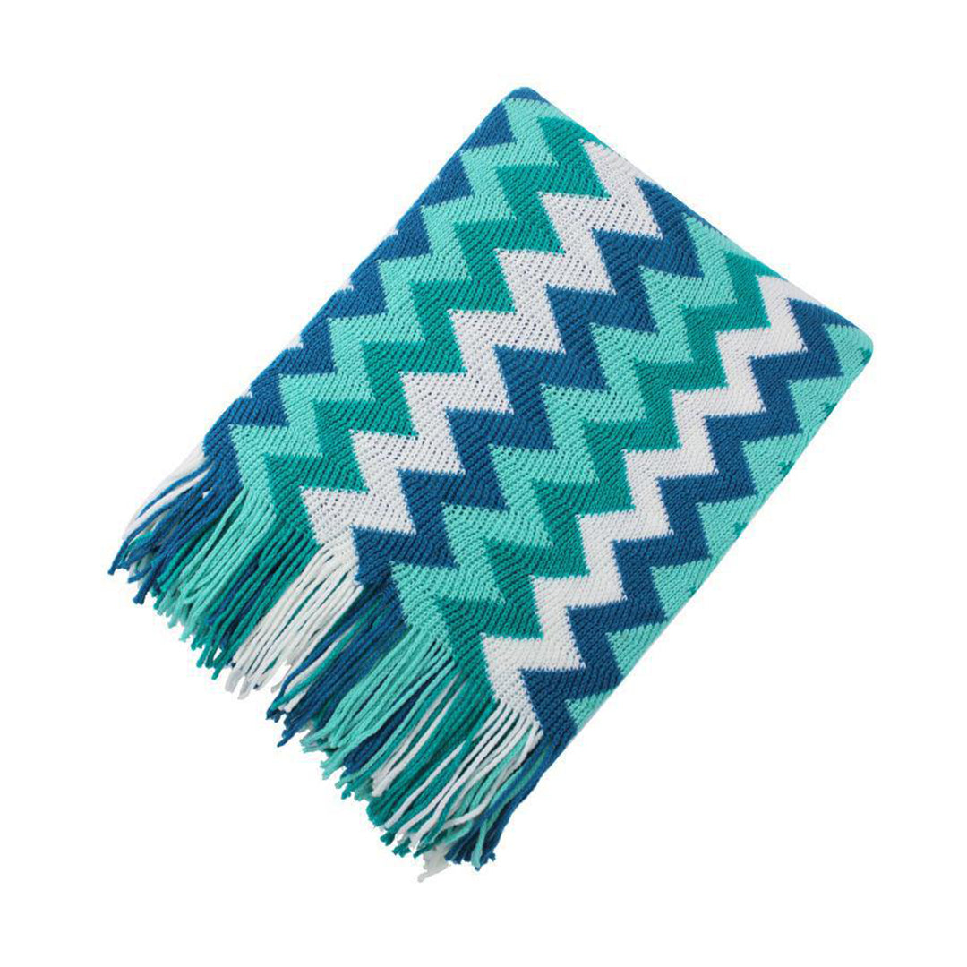 SOGA 220cm Blue Zigzag Striped Throw Blanket Acrylic Wave Knitted Fringed Woven Cover Couch Bed Sofa Home Decor - Cafe Supply