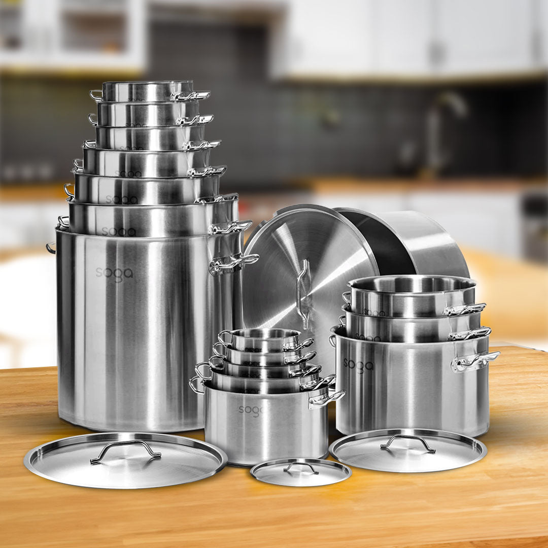 SOGA 17L Wide Stock Pot  and 50L Tall Top Grade Thick Stainless Steel Stockpot 18/10 - Cafe Supply