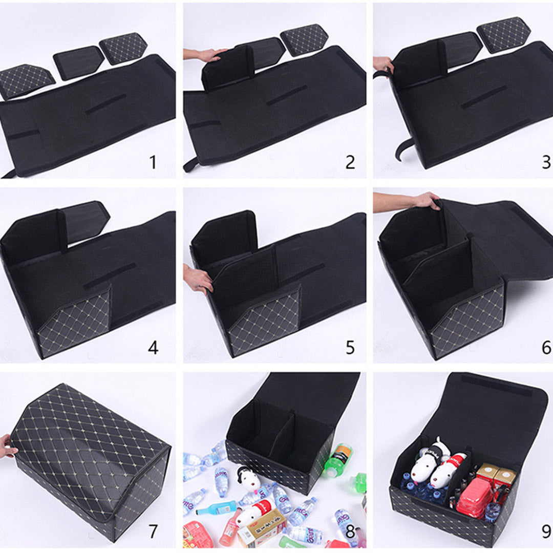 SOGA 4X Leather Car Boot Collapsible Foldable Trunk Cargo Organizer Portable Storage Box Black/Gold Stitch Large - Cafe Supply