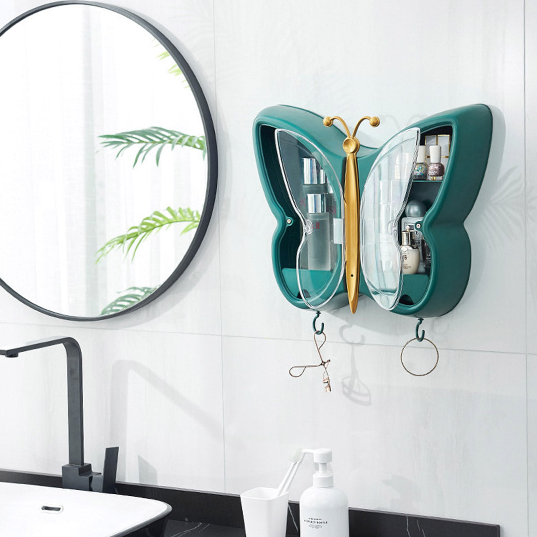 SOGA Green Butterfly Shape Wall-Mounted Makeup Organiser Dustproof Waterproof Bathroom Storage Box Home Decor - Cafe Supply