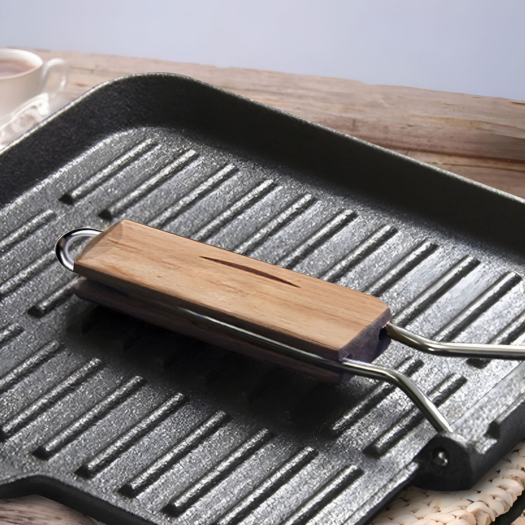 SOGA 2X 24cm Ribbed Cast Iron Square Steak Frying Grill Skillet Pan with Folding Wooden Handle - Cafe Supply