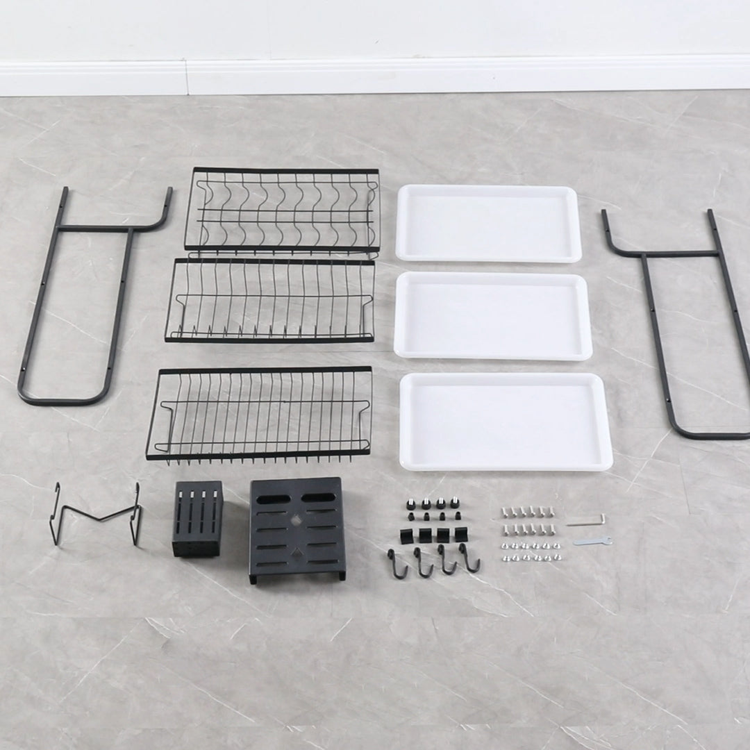 SOGA 3 Tier 62cm Steel Black Kitchen Countertop Drying Rack Dish Plate Cutlery Cutting Board Holder Dish Drainer Kitchen Organiser - Cafe Supply