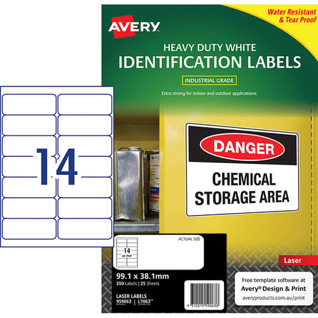 Avery Heavy Duty ID Label L7063 White Laser 99.1x38.1mm 14up 25 Sheets - Cafe Supply