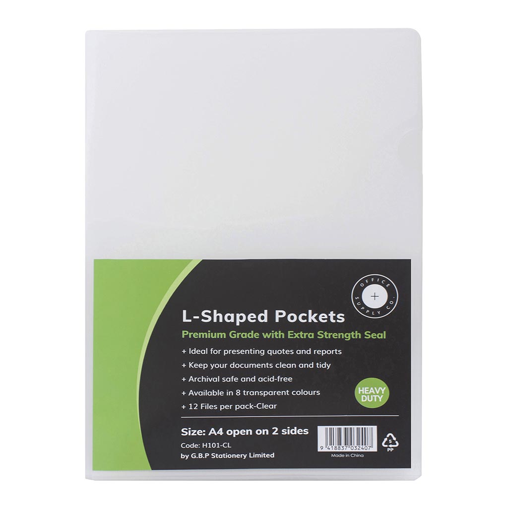 OSC L Shaped Pockets A4 Clear, Pack of 12 - Cafe Supply