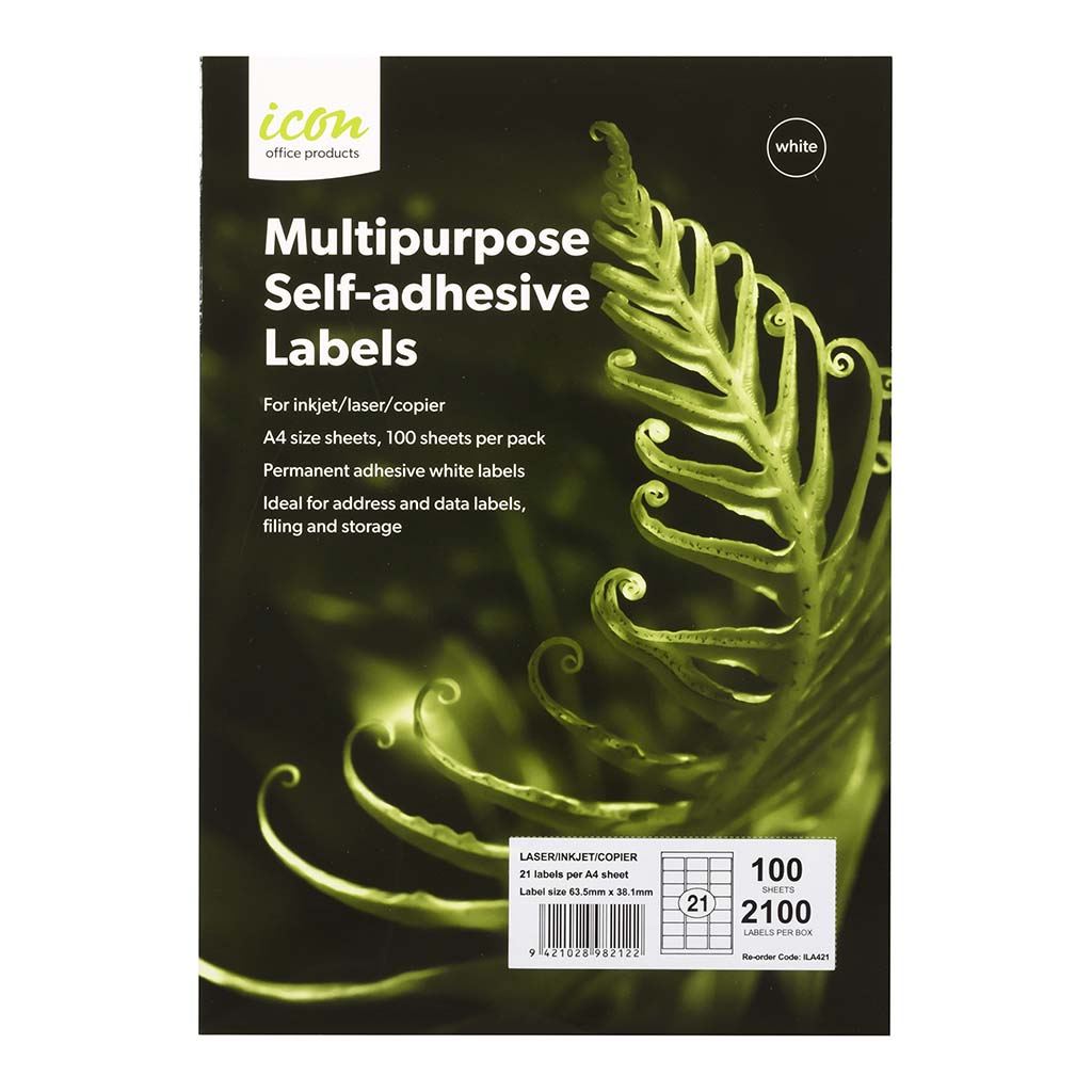 Icon Multipurpose Labels 21 Per Sheet 63.5x38.1mm, Pack of 100 - Cafe Supply