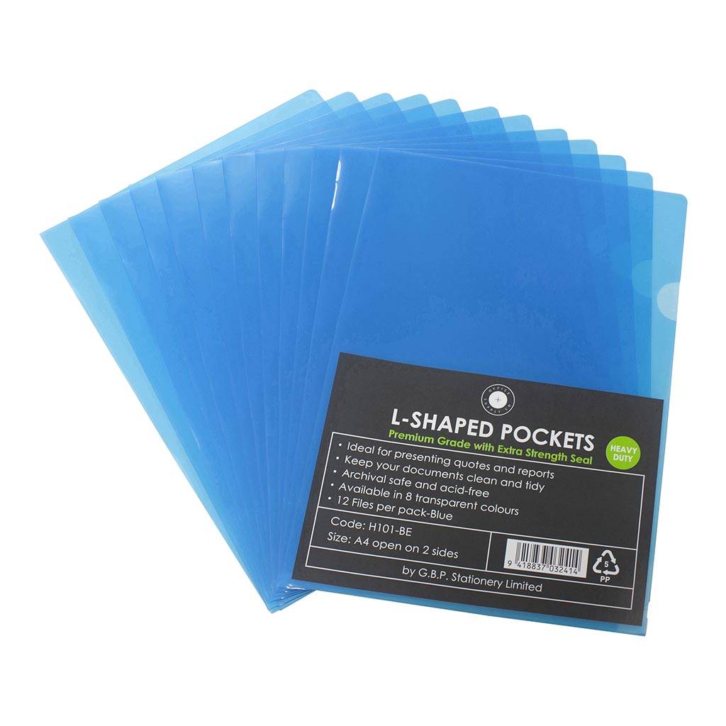 OSC L Shaped Pockets A4 Blue, Pack of 12 - Cafe Supply