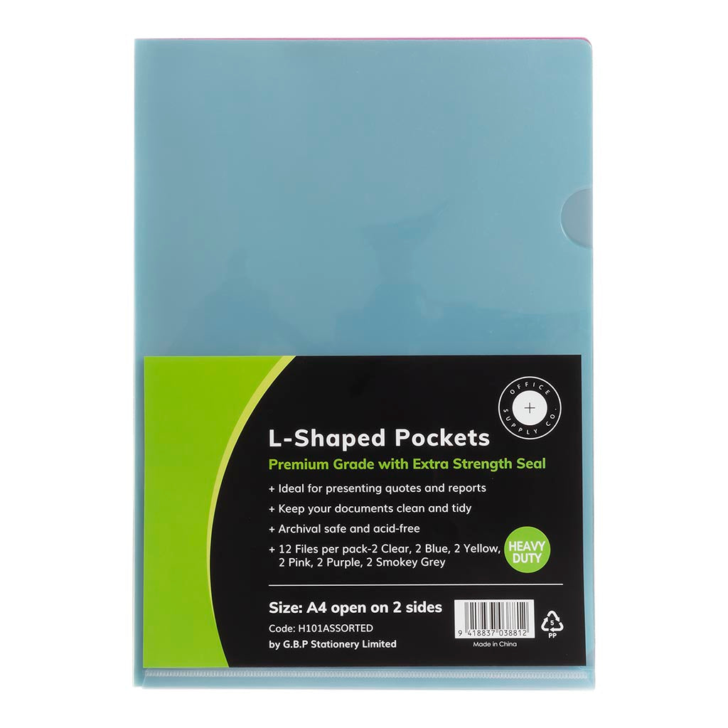 OSC L Shaped Pockets A4 Assorted Colours, Pack of 12 - Cafe Supply