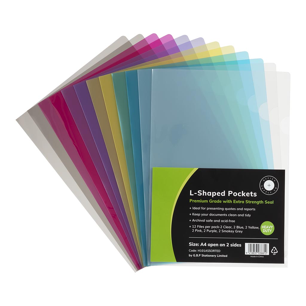 OSC L Shaped Pockets A4 Assorted Colours, Pack of 12 - Cafe Supply