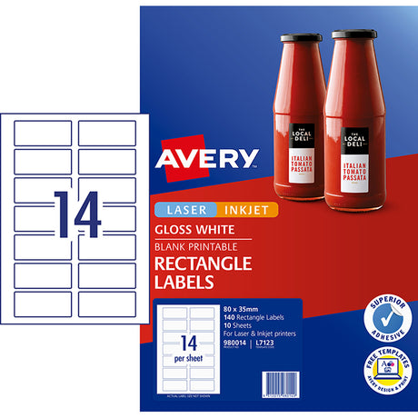 Avery Label L7123 Rectangular Glossy Label 14up 10 Sheets 80x35mm - Cafe Supply